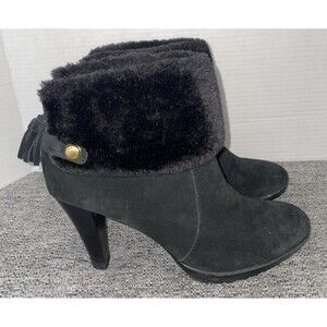 Anne Klein Women’s 10M Black Suede Heels Faux Fur Cuff Tassel Zip Fall Career